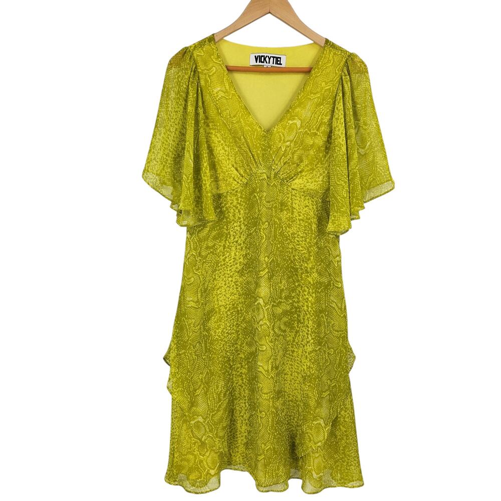 Vicky Tiel Dress Green Chiffon Snakeskin Print V-neck Flutter Sleeve Mini Size M